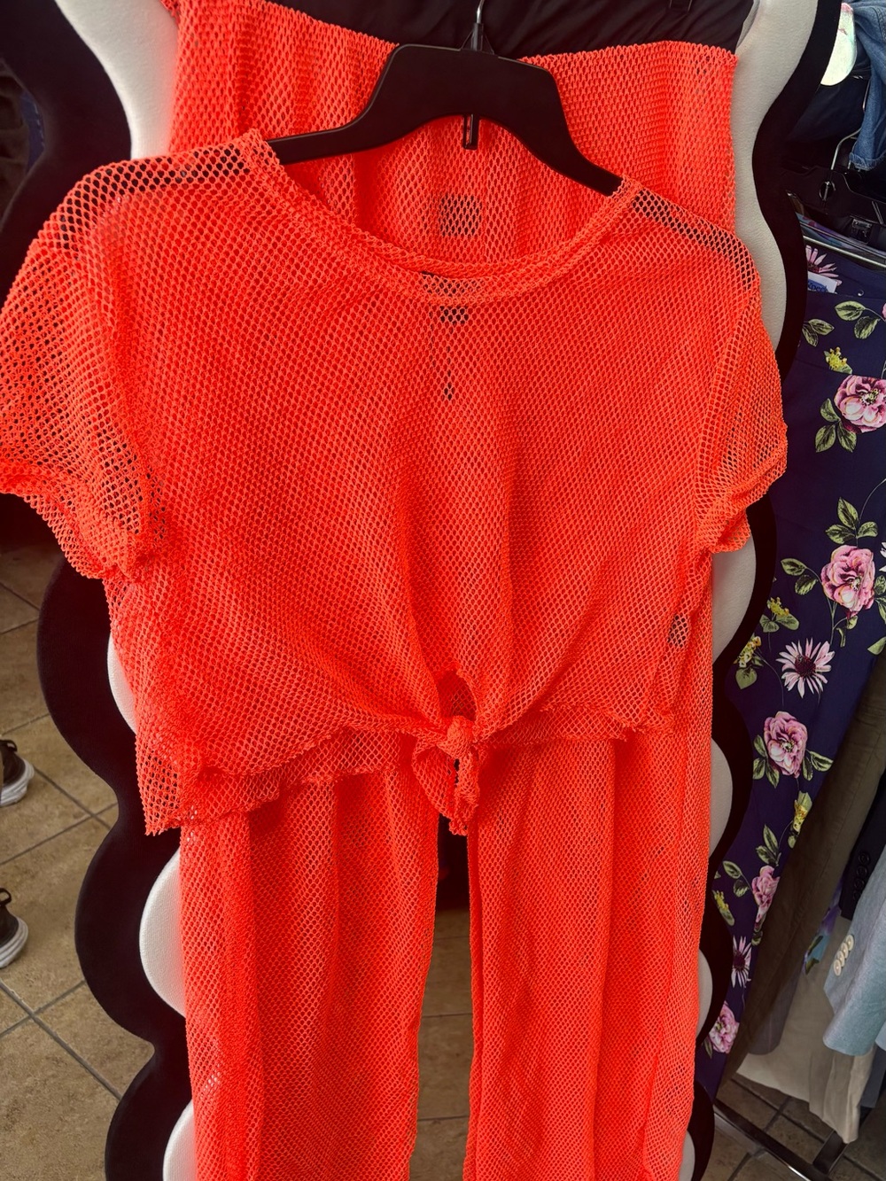 Love Neon Orange Open-Knit Mesh Top